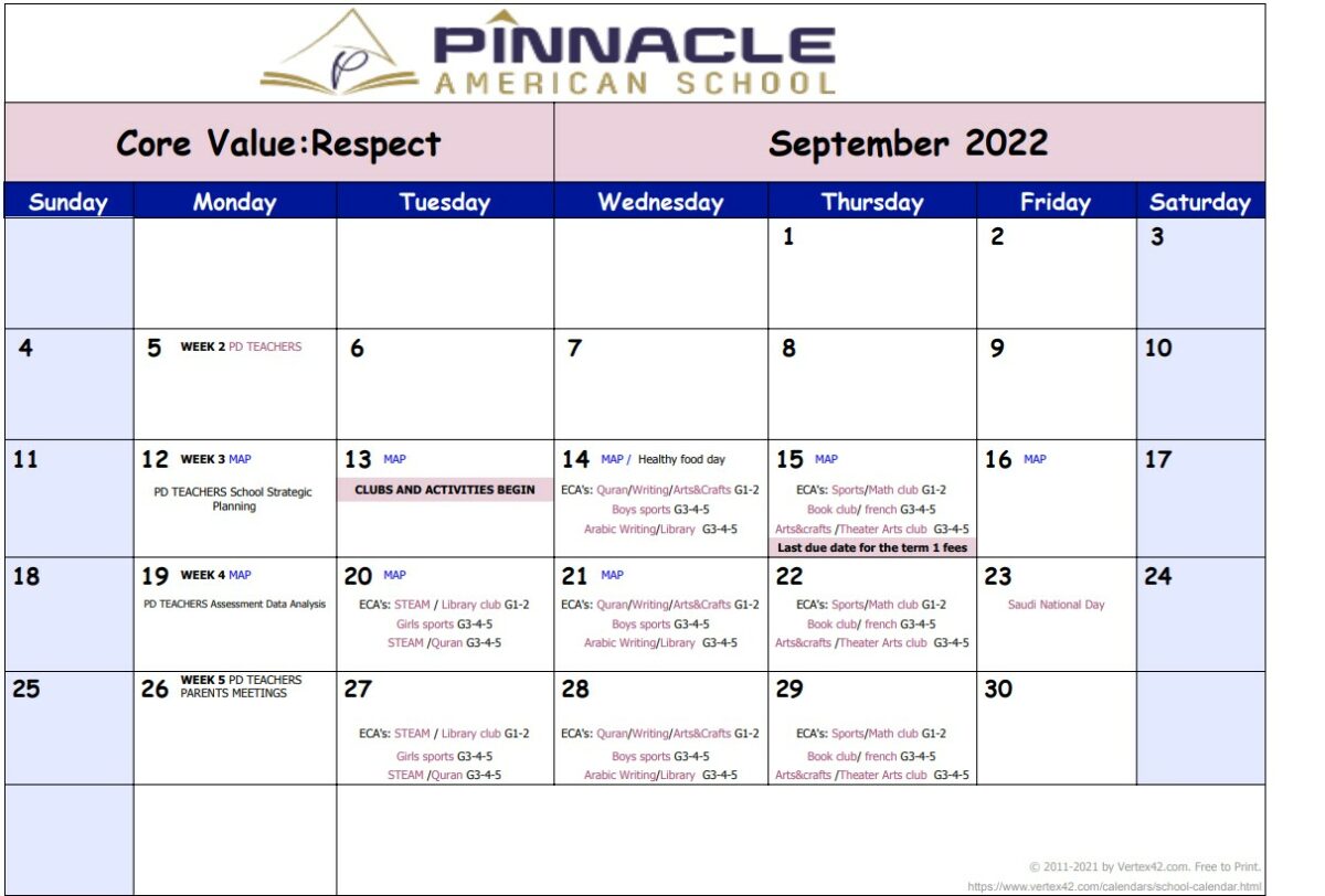 School Calendar Pinnacle American School